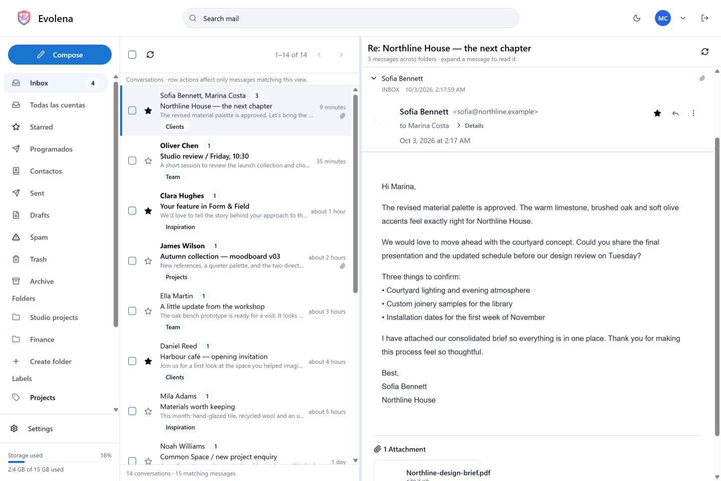 Evolena — light appearance, sample inbox