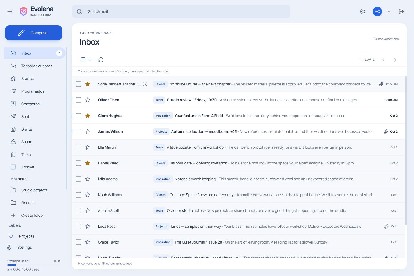 Familiar Pro — inbox and reading pane with sample messages