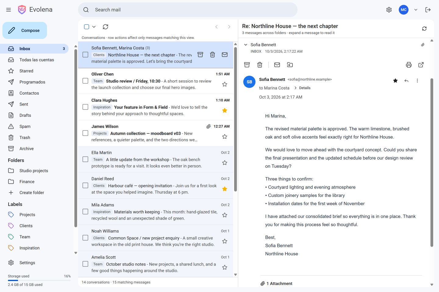 Familiar — light appearance, sample inbox