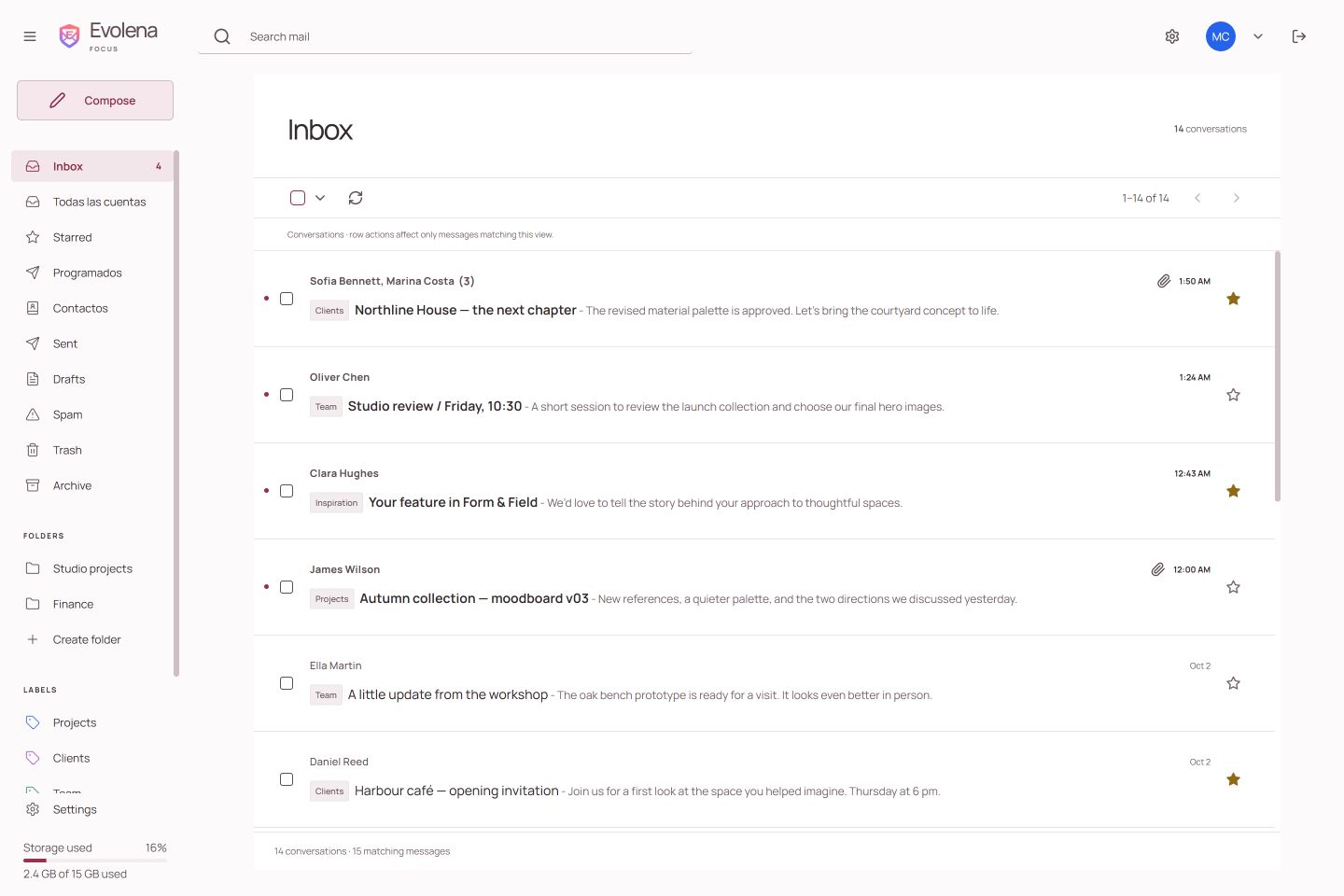 Focus — light appearance, sample inbox