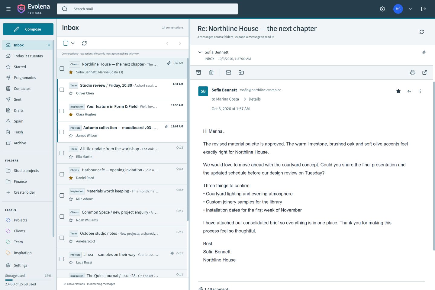 Heritage — light appearance, sample inbox