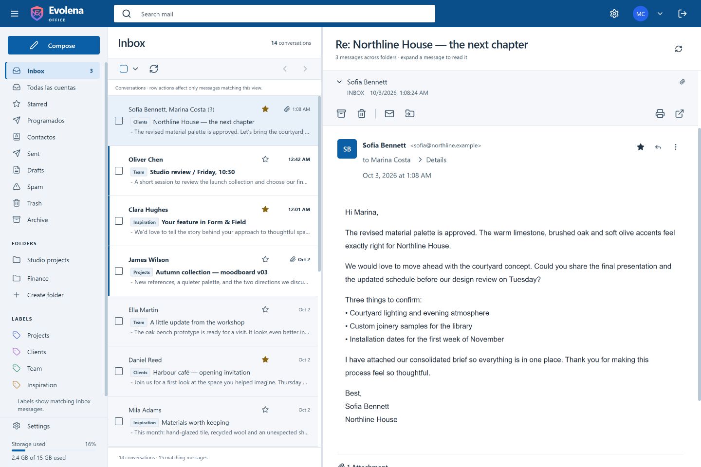 Office — bandeja de Evolena con datos de demostración