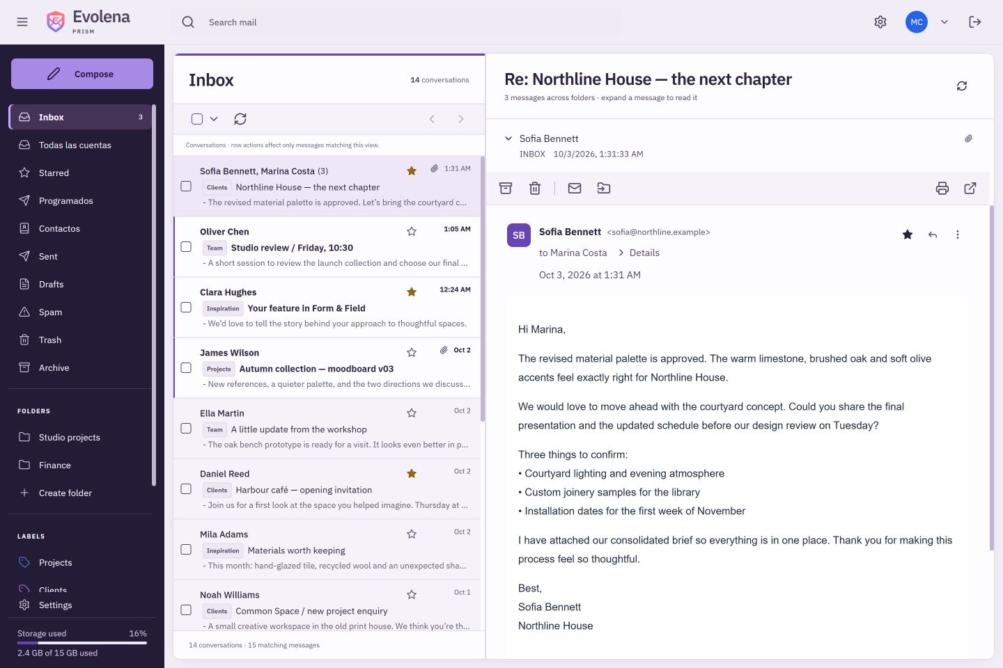 Prism — light appearance, sample inbox