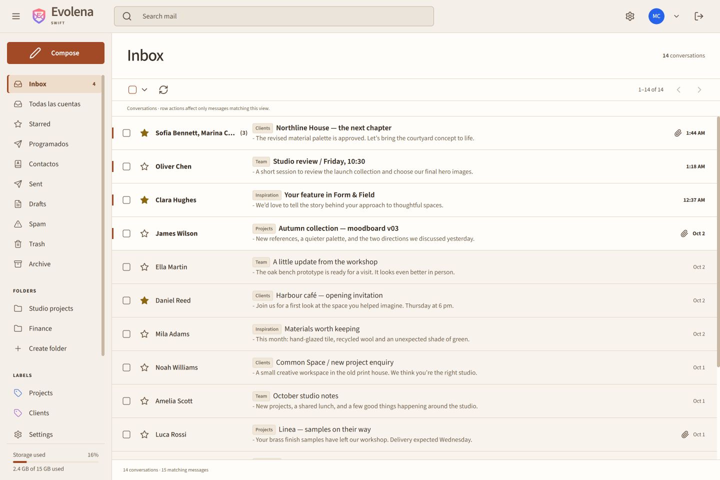 Swift — light appearance, sample inbox