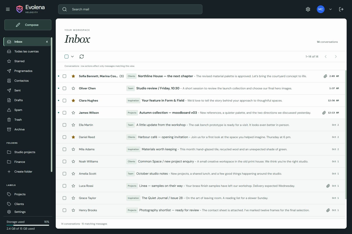 Velocity — light appearance, sample inbox