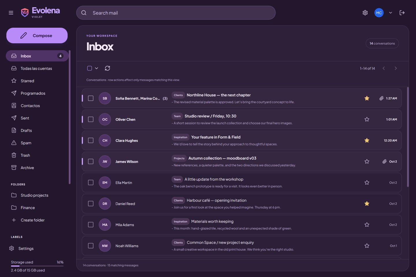 Violet — bandeja de Evolena con datos de demostración