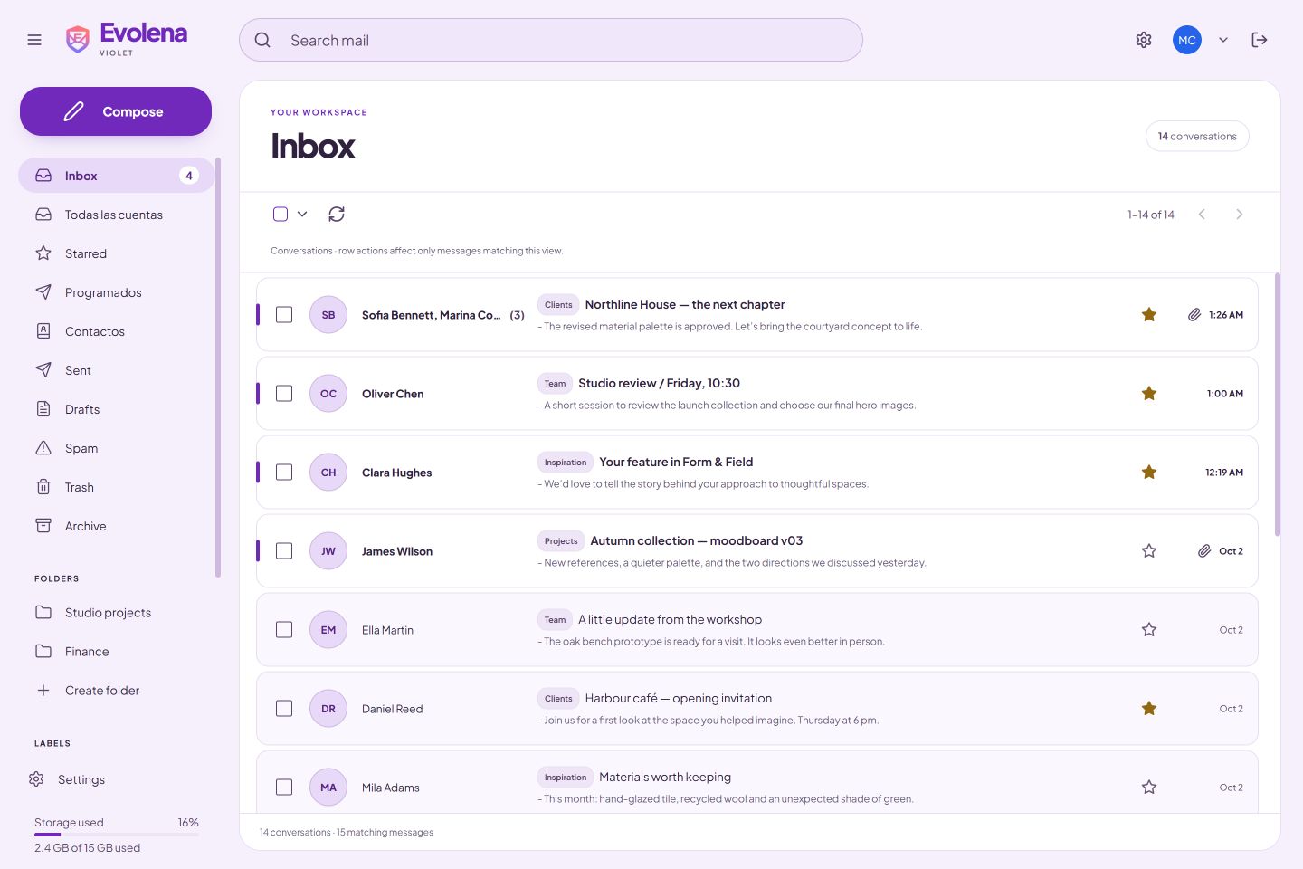 Violet — light appearance, sample inbox