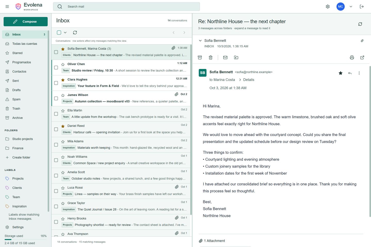Workspace — light appearance, sample inbox